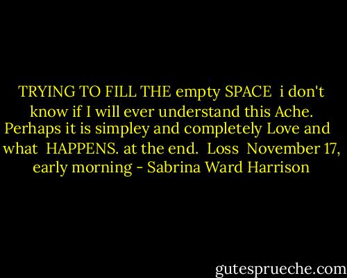 TRYING TO FILL THE empty SPACE<br /><br />i don't know<br />if I will<br />ever understand<br />this Ache.<br />Perhaps it is<br />simpley and completely<br />Love and<br /><br /><br />what<br /><br />HAPPENS.<br />at the end.<br /><br />Loss<br /><br />November 17, early morning - Sabrina Ward Harrison