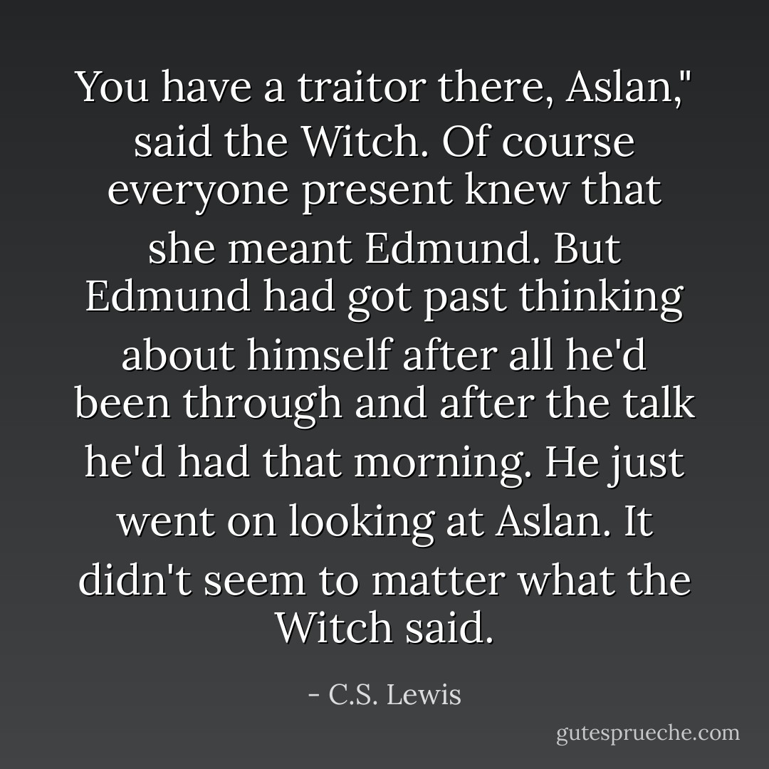 You have a traitor there, Aslan," said the Witch. Of course everyone present knew that she meant Edmund. But Edmund had got past thinking about himself after all he'd been through and after the talk he'd had that morning. He just went on looking at Aslan. It didn't seem to matter what the Witch said. - C.S. Lewis