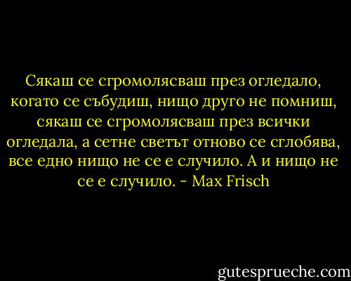 Сякаш се сгромолясваш през огледало, когато се събудиш, нищо друго не помниш, сякаш се сгромолясваш през всички огледала, а сетне светът отново се сглобява, все едно нищо не се е случило. А и нищо не се е случило. - Max Frisch