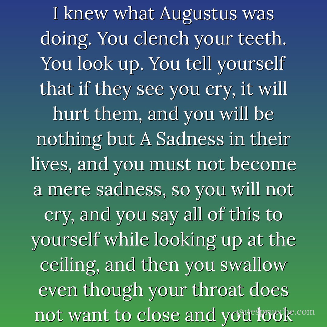 Much of my life has been devoted to trying not to cry in front of people who love me, so I knew what Augustus was doing. You clench your teeth. You look up. You tell yourself that if they see you cry, it will hurt them, and you will be nothing but A Sadness in their lives, and you must not become a mere sadness, so you will not cry, and you say all of this to yourself while looking up at the ceiling, and then you swallow even though your throat does not want to close and you look at the person who loves you and smile. - John Green