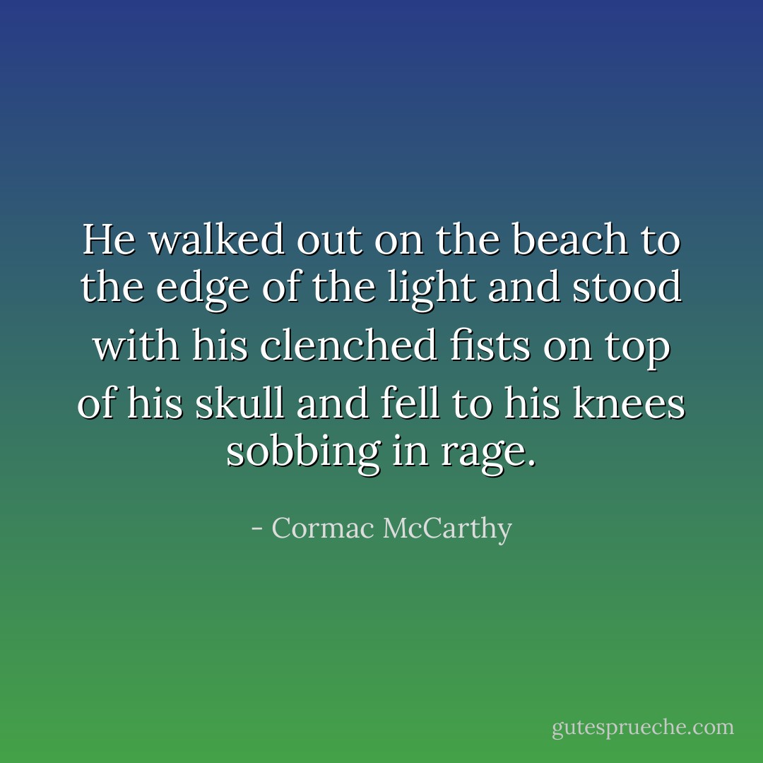 He walked out on the beach to the edge of the light and stood with his clenched fists on top of his skull and fell to his knees sobbing in rage. - Cormac McCarthy