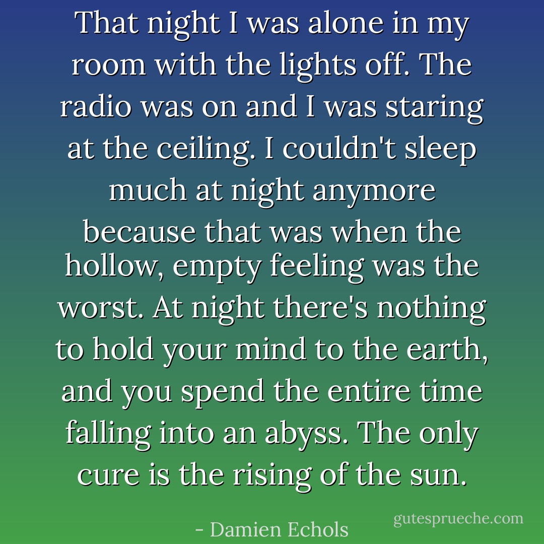 That night I was alone in my room with the lights off. The radio was on and I was staring at the ceiling. I couldn't sleep much at night anymore because that was when the hollow, empty feeling was the worst. At night there's nothing to hold your mind to the earth, and you spend the entire time falling into an abyss. The only cure is the rising of the sun. - Damien Echols