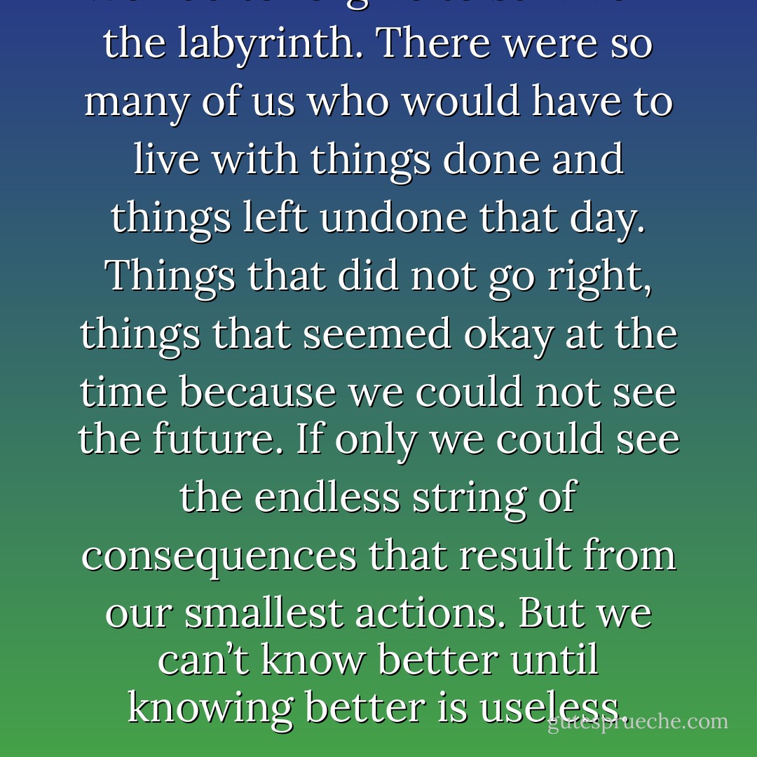We had to forgive to survive in the labyrinth. There were so many of us who would have to live with things done and things left undone that day. Things that did not go right, things that seemed okay at the time because we could not see the future. If only we could see the endless string of consequences that result from our smallest actions. But we can’t know better until knowing better is useless. - John Green