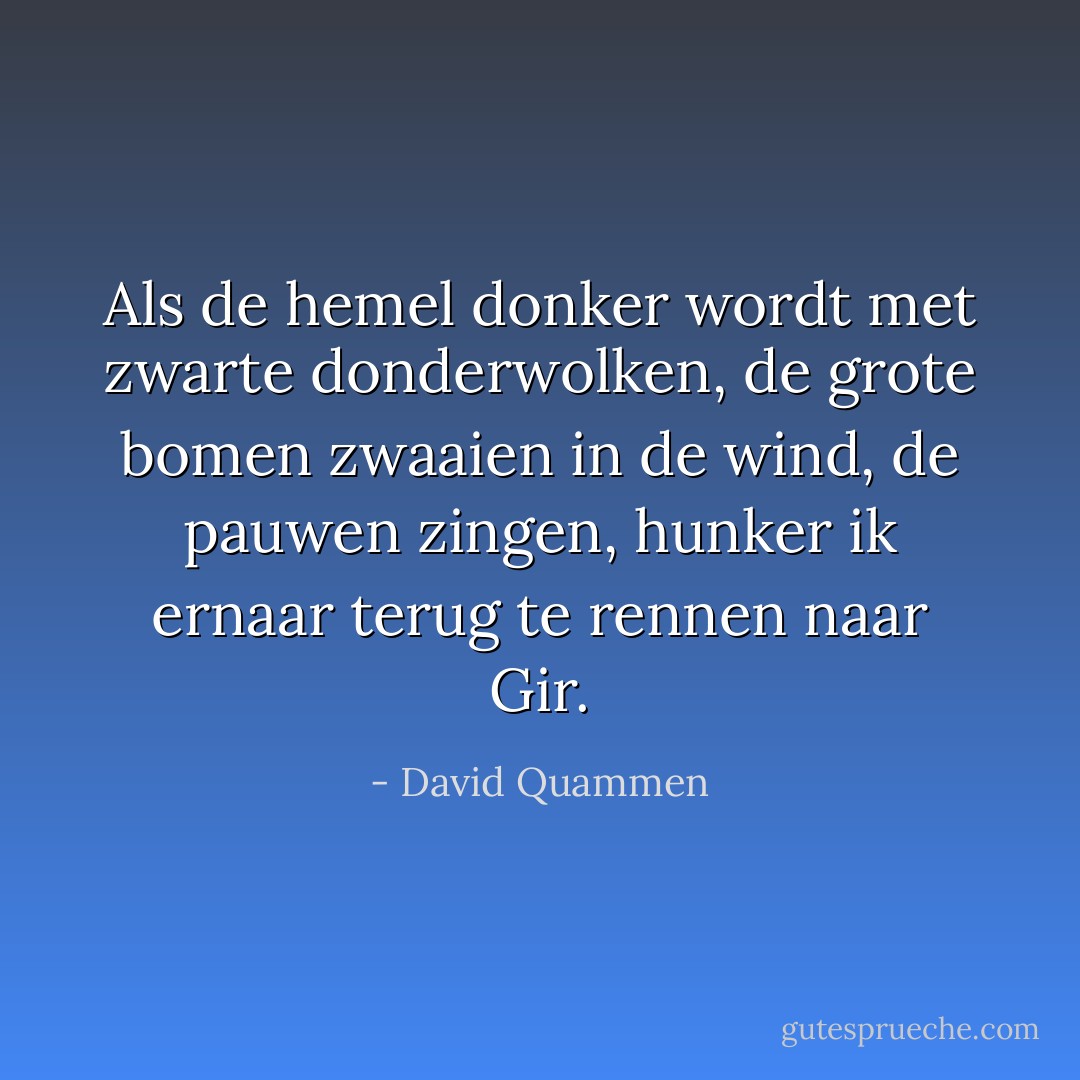 Als de hemel donker wordt met zwarte donderwolken, de grote bomen zwaaien in de wind, de pauwen zingen, hunker ik ernaar terug te rennen naar Gir. - David Quammen