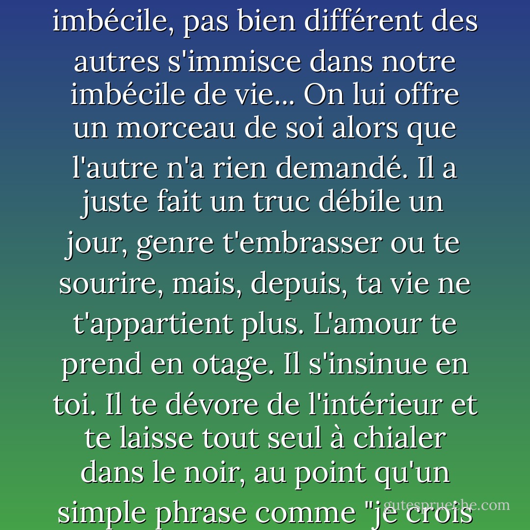As-tu déjà été amoureux? C'est horrible non? Ca rend si vulnérable. Ca t'ouvre la poitrine et le coeur en grand et du coup, n'importe qui peut venir te bousiller de l'intérieur. On se forge des défenses, on se fabrique une belle armure pour que rien ne puisse jamais nous atteindre, et voilà qu'un imbécile, pas bien différent des autres s'immisce dans notre imbécile de vie... On lui offre un morceau de soi alors que l'autre n'a rien demandé. Il a juste fait un truc débile un jour, genre t'embrasser ou te sourire, mais, depuis, ta vie ne t'appartient plus. L'amour te prend en otage. Il s'insinue en toi. Il te dévore de l'intérieur et te laisse tout seul à chialer dans le noir, au point qu'un simple phrase comme "je crois qu'on devrait rester amis" te fait l'effet d'un éclat de verre qu'on t'aurait planté dans le coeur. Ca fait mal. Pas juste dans ton imagination. Pas juste dans ta tête. C'est une douleur à fendre l'âme, qui s'incruste en toi et te déchire du dedans. Je hais l'amour. - Neil Gaiman