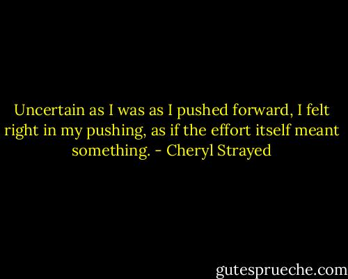 Uncertain as I was as I pushed forward, I felt right in my pushing, as if the effort itself meant something. - Cheryl Strayed