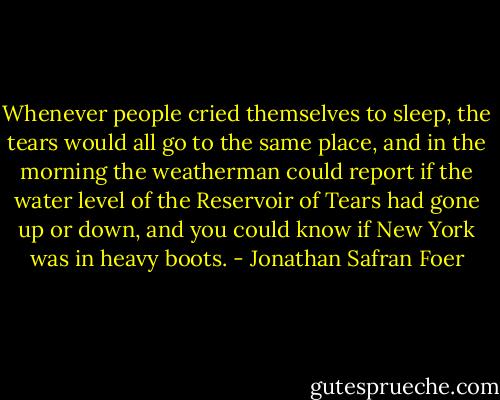 Whenever people cried themselves to sleep, the tears would all go to the same place, and in the morning the weatherman could report if the water level of the Reservoir of Tears had gone up or down, and you could know if New York was in heavy boots. - Jonathan Safran Foer