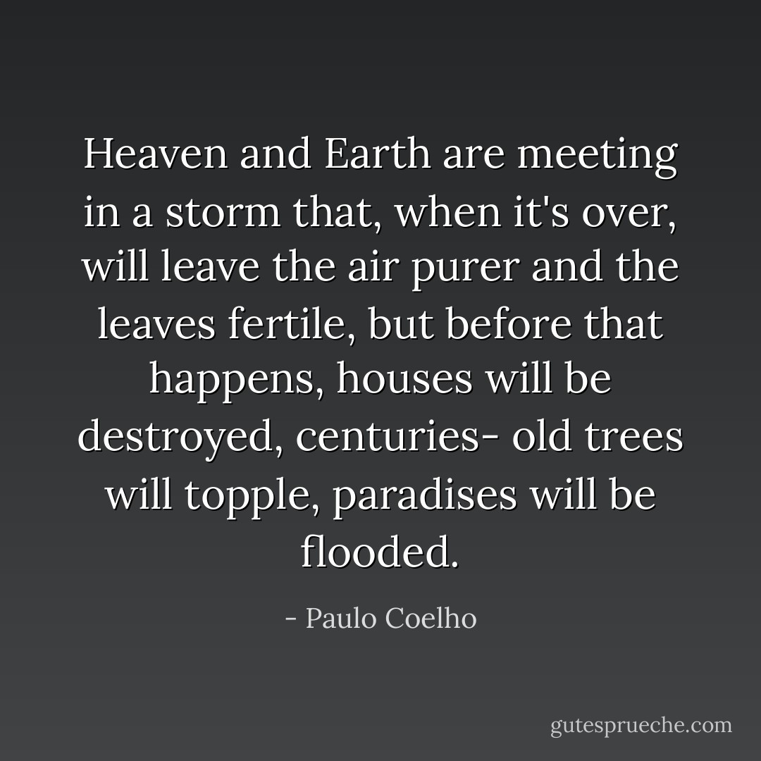 Heaven and Earth are meeting in a storm that, when it's over, will leave the air purer and the leaves fertile, but before that happens, houses will be destroyed, centuries- old trees will topple, paradises will be flooded. - Paulo Coelho