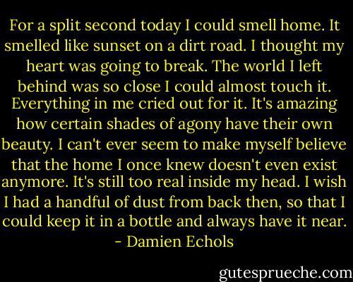 For a split second today I could smell home. It smelled like sunset on a dirt road. I thought my heart was going to break. The world I left behind was so close I could almost touch it. Everything in me cried out for it. It's amazing how certain shades of agony have their own beauty. I can't ever seem to make myself believe that the home I once knew doesn't even exist anymore. It's still too real inside my head. I wish I had a handful of dust from back then, so that I could keep it in a bottle and always have it near. - Damien Echols