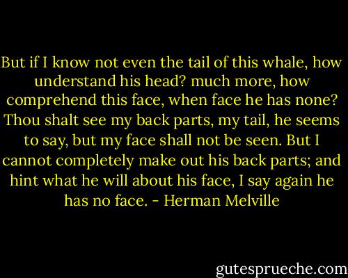 But if I know not even the tail of this whale, how understand his head? much more, how comprehend this face, when face he has none? Thou shalt see my back parts, my tail, he seems to say, but my face shall not be seen. But I cannot completely make out his back parts; and hint what he will about his face, I say again he has no face. - Herman Melville