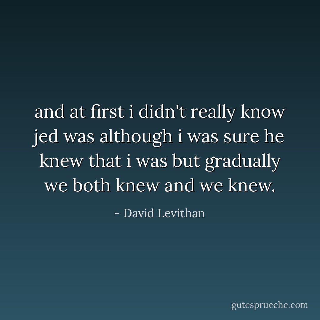 and at first i didn't really know jed was<br />although i was sure he knew that i was<br />but gradually we both knew<br />and we knew. - David Levithan