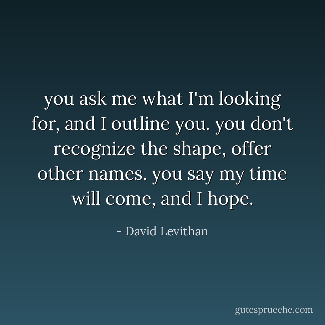 you ask me what I'm looking for, and I outline you.<br />you don't recognize the shape, offer other names.<br />you say my time will come, and I hope. - David Levithan