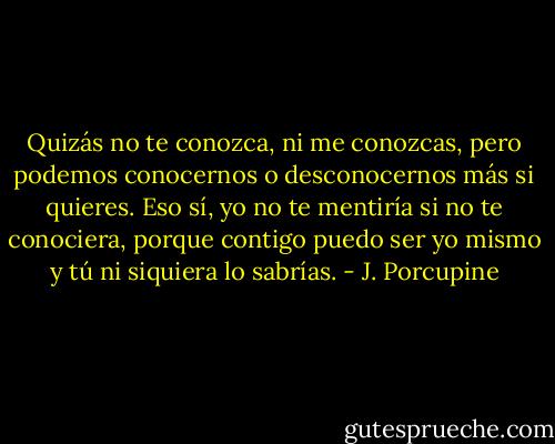 Quizás no te conozca, ni me conozcas, pero podemos conocernos o desconocernos más si quieres. Eso sí, yo no te mentiría si no te conociera, porque contigo puedo ser yo mismo y tú ni siquiera lo sabrías. - J. Porcupine