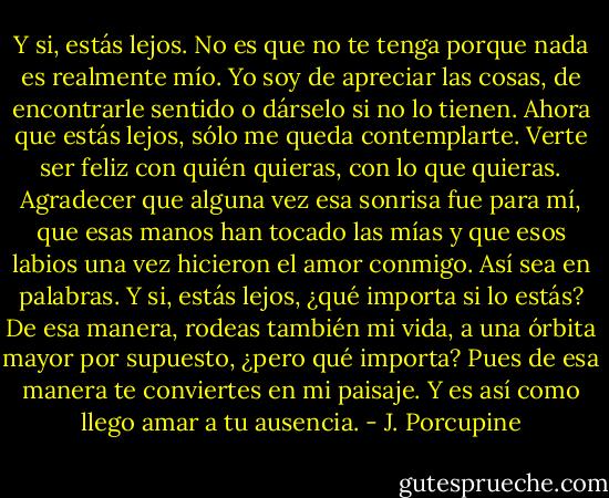 Y si, estás lejos. No es que no te tenga porque nada es realmente mío. Yo soy de apreciar las cosas, de encontrarle sentido o dárselo si no lo tienen. Ahora que estás lejos, sólo me queda contemplarte. Verte ser feliz con quién quieras, con lo que quieras. Agradecer que alguna vez esa sonrisa fue para mí, que esas manos han tocado las mías y que esos labios una vez hicieron el amor conmigo. Así sea en palabras. Y si, estás lejos, ¿qué importa si lo estás? De esa manera, rodeas también mi vida, a una órbita mayor por supuesto, ¿pero qué importa? Pues de esa manera te conviertes en mi paisaje. Y es así como llego amar a tu ausencia. - J. Porcupine