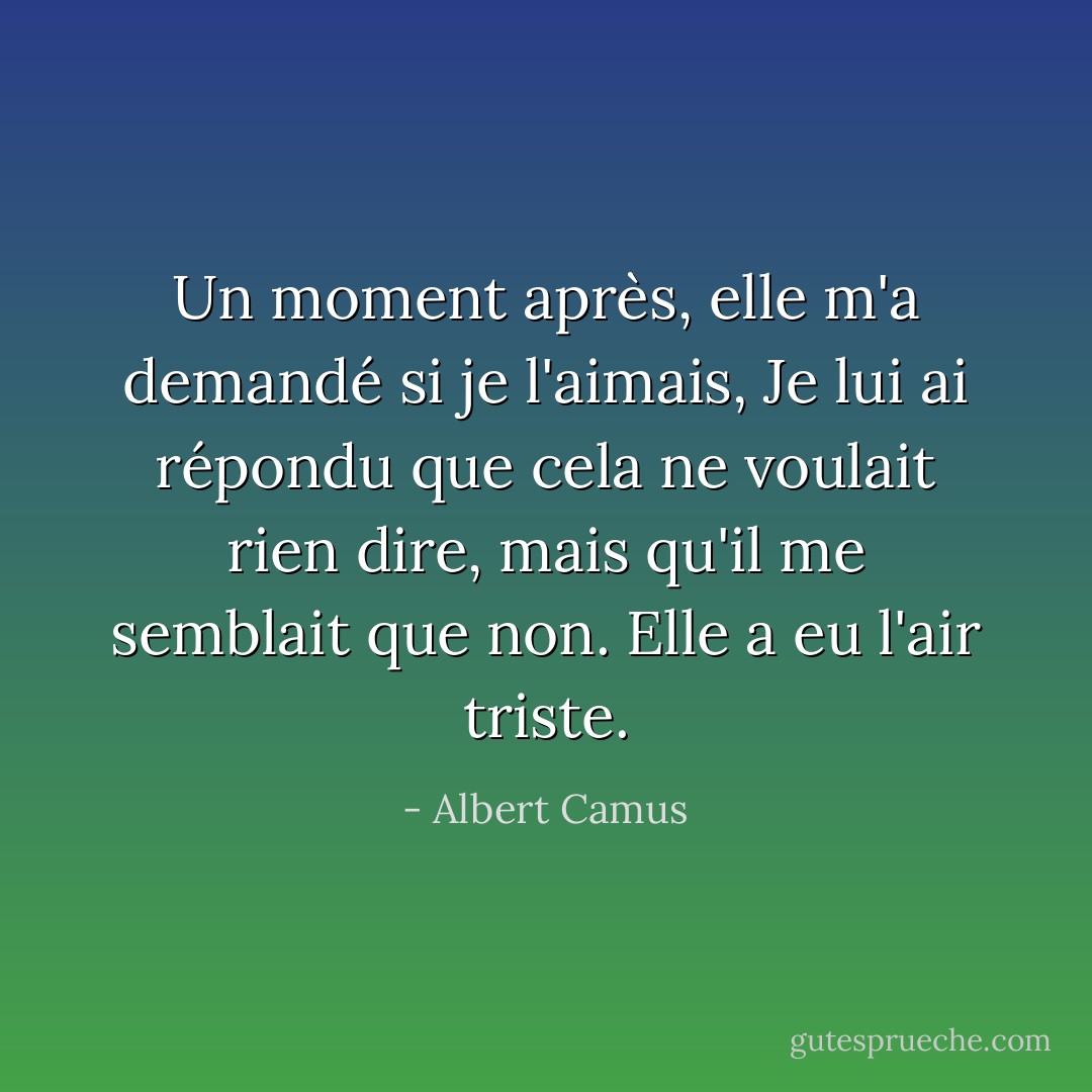Un moment après, elle m'a demandé si je l'aimais, Je lui ai répondu que cela ne voulait rien dire, mais qu'il me semblait que non. Elle a eu l'air triste. - Albert Camus