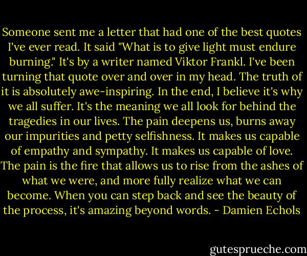 Someone sent me a letter that had one of the best quotes I've ever read. It said "What is to give light must endure burning." It's by a writer named Viktor Frankl. I've been turning that quote over and over in my head. The truth of it is absolutely awe-inspiring. In the end, I believe it's why we all suffer. It's the meaning we all look for behind the tragedies in our lives. The pain deepens us, burns away our impurities and petty selfishness. It makes us capable of empathy and sympathy. It makes us capable of love. The pain is the fire that allows us to rise from the ashes of what we were, and more fully realize what we can become. When you can step back and see the beauty of the process, it's amazing beyond words. - Damien Echols
