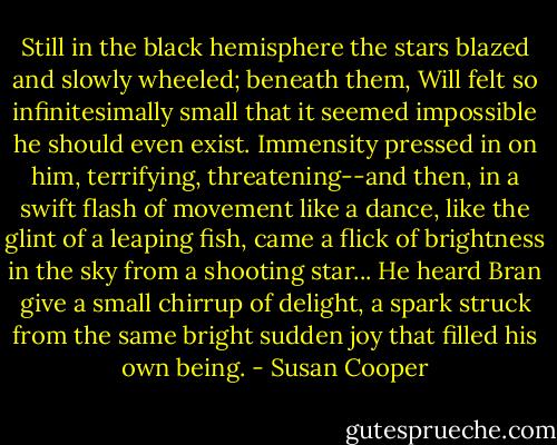 Still in the black hemisphere the stars blazed and slowly wheeled; beneath them, Will felt so infinitesimally small that it seemed impossible he should even exist. Immensity pressed in on him, terrifying, threatening--and then, in a swift flash of movement like a dance, like the glint of a leaping fish, came a flick of brightness in the sky from a shooting star... He heard Bran give a small chirrup of delight, a spark struck from the same bright sudden joy that filled his own being. - Susan Cooper