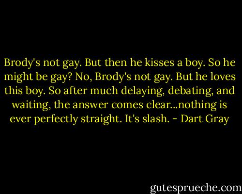 Brody's not gay. But then he kisses a boy. So he might be gay? No, Brody's not gay. But he loves this boy. So after much delaying, debating, and waiting, the answer comes clear...nothing is ever perfectly straight. It's slash. - Dart Gray