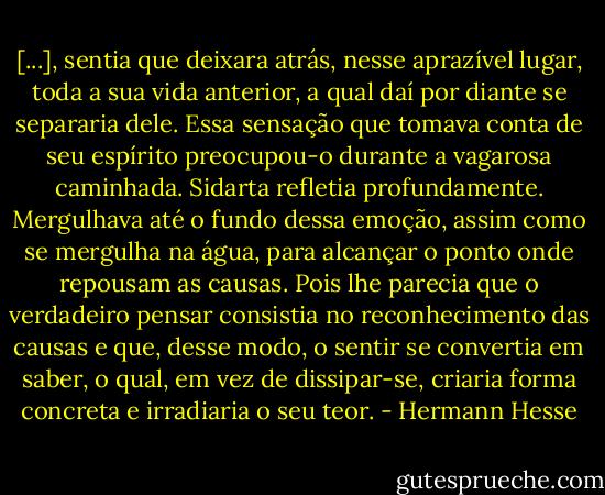 [...], sentia que deixara atrás, nesse aprazível lugar, toda a sua vida anterior, a qual daí por diante se separaria dele. Essa sensação que tomava conta de seu espírito preocupou-o durante a vagarosa caminhada. Sidarta refletia profundamente. Mergulhava até o fundo dessa emoção, assim como se mergulha na água, para alcançar o ponto onde repousam as causas. Pois lhe parecia que o verdadeiro pensar consistia no reconhecimento das causas e que, desse modo, o sentir se convertia em saber, o qual, em vez de dissipar-se, criaria forma concreta e irradiaria o seu teor. - Hermann Hesse