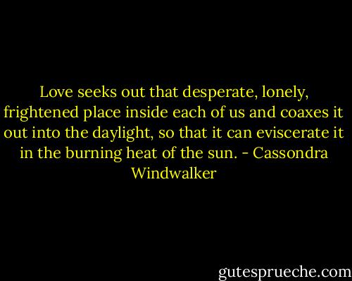 Love seeks out that desperate, lonely, frightened place inside each of us and coaxes it out into the daylight, so that it can eviscerate it in the burning heat of the sun. - Cassondra Windwalker