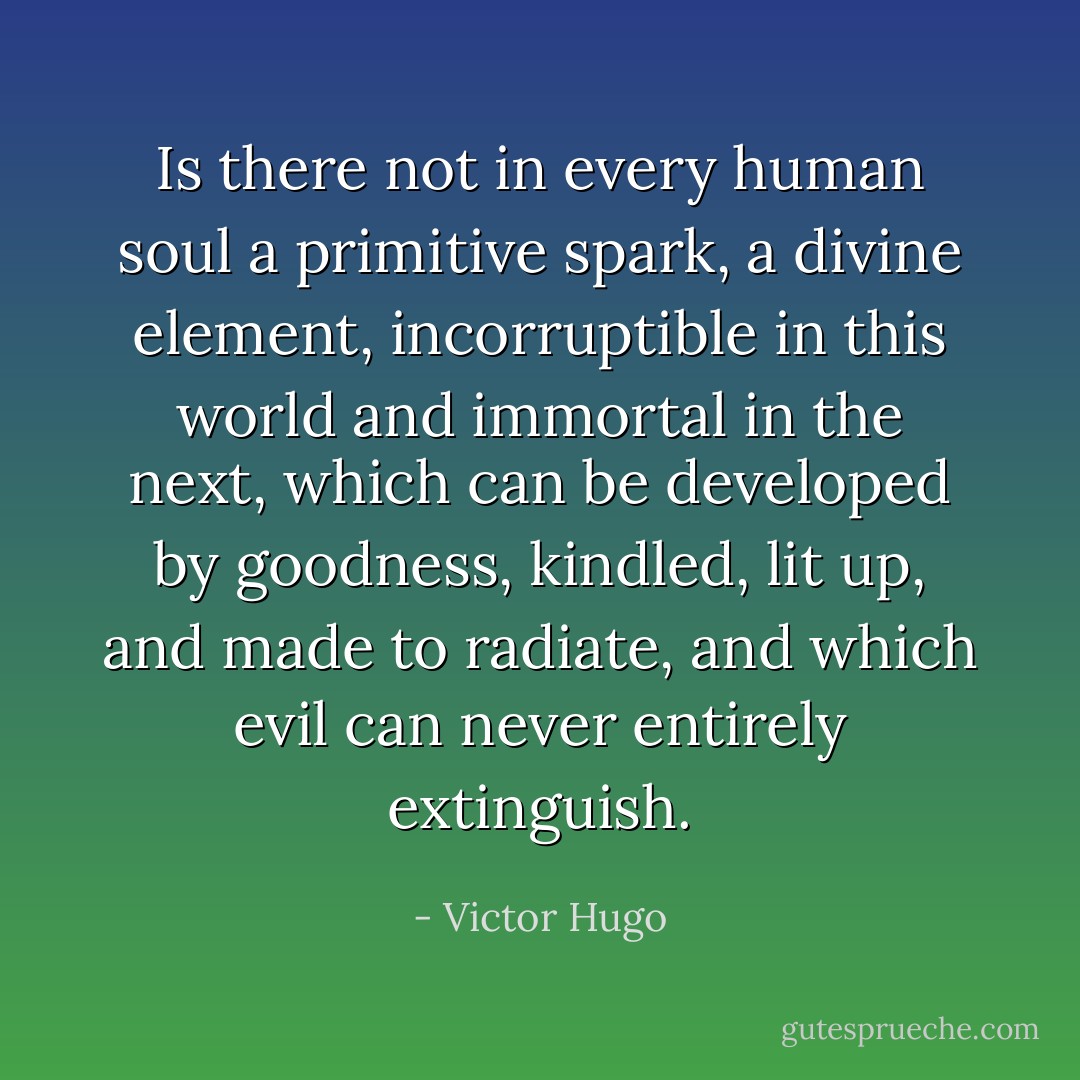 Is there not in every human soul a primitive spark, a divine element, incorruptible in this world and immortal in the next, which can be developed by goodness, kindled, lit up, and made to radiate, and which evil can never entirely extinguish. - Victor Hugo