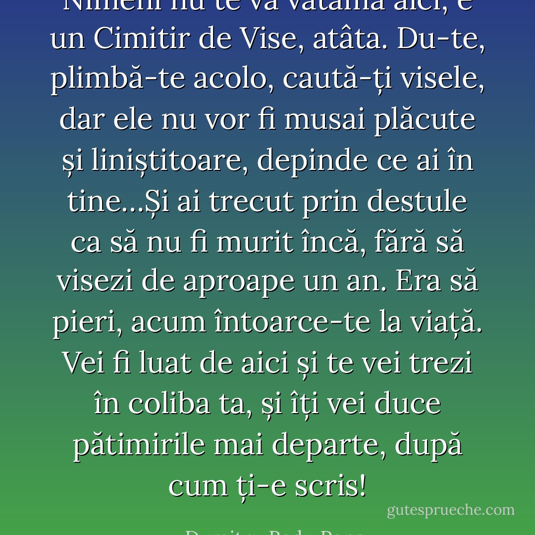Nimeni nu te va vătăma aici; e un Cimitir de Vise, atâta. Du-te, plimbă-te acolo, caută-ți visele, dar ele nu vor fi musai plăcute și liniștitoare, depinde ce ai în tine…Și ai trecut prin destule ca să nu fi murit încă, fără să visezi de aproape un an. Era să pieri, acum întoarce-te la viață. Vei fi luat de aici și te vei trezi în coliba ta, și îți vei duce pătimirile mai departe, după cum ți-e scris! - Dumitru Radu Popa