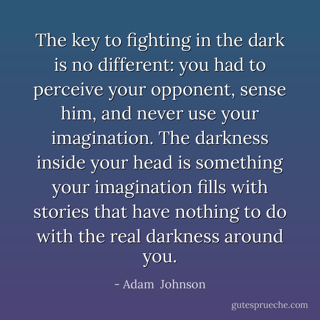 The key to fighting in the dark is no different: you had to perceive your opponent, sense him, and never use your imagination. The darkness inside your head is something your imagination fills with stories that have nothing to do with the real darkness around you. - Adam  Johnson