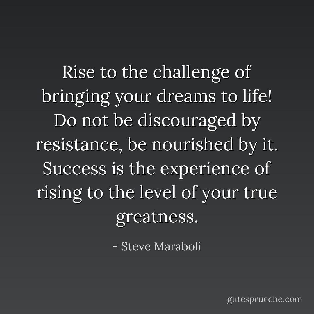 Rise to the challenge of bringing your dreams to life! Do not be discouraged by resistance, be nourished by it. Success is the experience of rising to the level of your true greatness. - Steve Maraboli