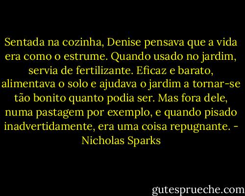 Sentada na cozinha, Denise pensava que a vida era como o estrume.<br />Quando usado no jardim, servia de fertilizante. Eficaz e barato, alimentava o solo e ajudava o jardim a tornar-se tão bonito quanto podia ser. Mas fora dele, numa pastagem por exemplo, e quando pisado inadvertidamente, era uma coisa repugnante. - Nicholas Sparks
