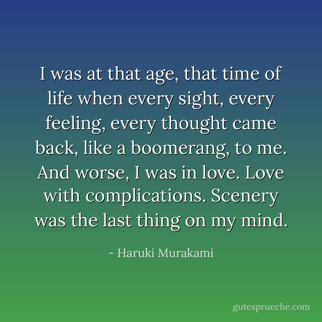I was at that age, that time of life when every sight, every feeling, every thought came back, like a boomerang, to me. And worse, I was in love. Love with complications. Scenery was the last thing on my mind. - Haruki Murakami
