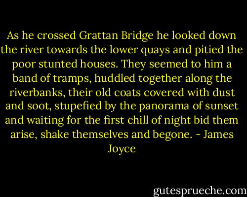 As he crossed Grattan Bridge he looked down the river towards the lower quays and pitied the poor stunted houses. They seemed to him a band of tramps, huddled together along the riverbanks, their old coats covered with dust and soot, stupefied by the panorama of sunset and waiting for the first chill of night bid them arise, shake themselves and begone. - James Joyce