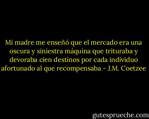 Mi madre me enseñó que el mercado era una oscura y siniestra máquina que trituraba y devoraba cien destinos por cada individuo afortunado al que recompensaba - J.M. Coetzee