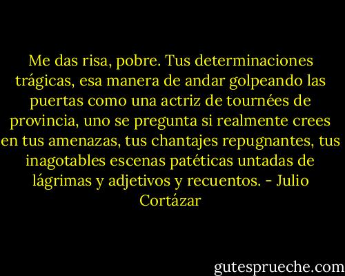 Me das risa, pobre. Tus determinaciones trágicas, esa manera de andar golpeando las puertas como una actriz de tournées de provincia, uno se pregunta si realmente crees en tus amenazas, tus chantajes repugnantes, tus inagotables escenas patéticas untadas de lágrimas y adjetivos y recuentos. - Julio Cortázar