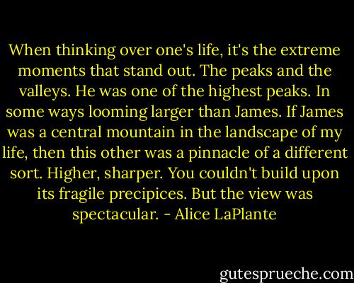 When thinking over one's life, it's the extreme moments that stand out. The peaks and the valleys. He was one of the highest peaks. In some ways looming larger than James. If James was a central mountain in the landscape of my life, then this other was a pinnacle of a different sort. Higher, sharper. You couldn't build upon its fragile precipices. But the view was spectacular. - Alice LaPlante
