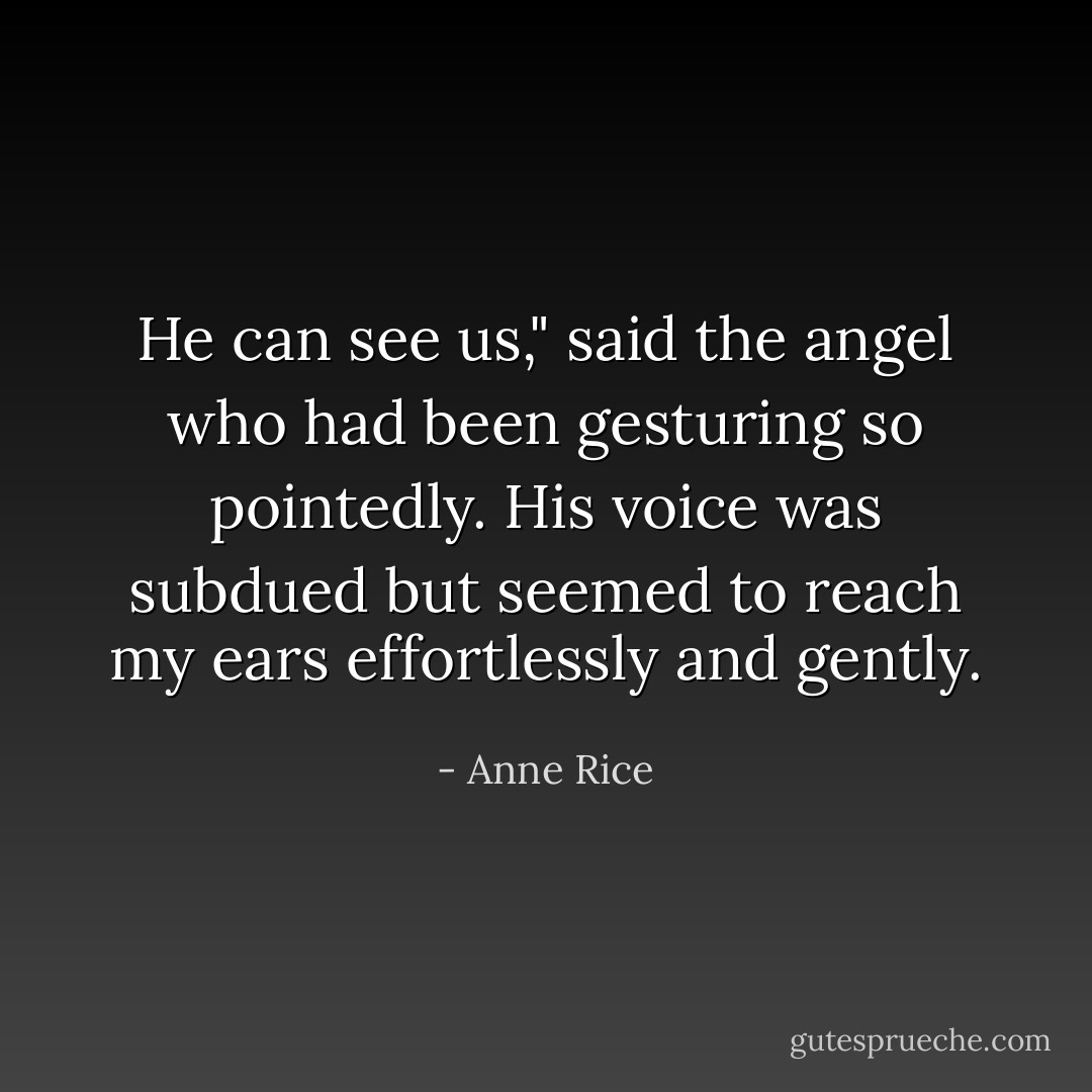 He can see us," said the angel who had been gesturing so pointedly. His voice was subdued but seemed to reach my ears effortlessly and gently. - Anne Rice