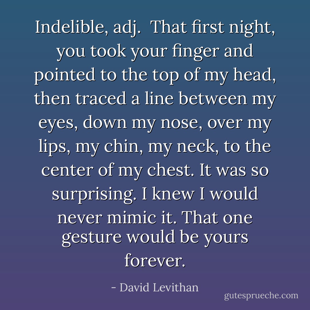 Indelible, adj.<br /><br />That first night, you took your finger and pointed to the top of my head, then traced a line between my eyes, down my nose, over my lips, my chin, my neck, to the center of my chest. It was so surprising. I knew I would never mimic it. That one gesture would be yours forever. - David Levithan