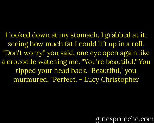 I looked down at my stomach. I grabbed at it, seeing how much fat I could lift up in a roll.<br />"Don't worry," you said, one eye open again like a crocodile watching me. "You're beautiful." You tipped your head back. "Beautiful," you murmured. "Perfect. - Lucy Christopher