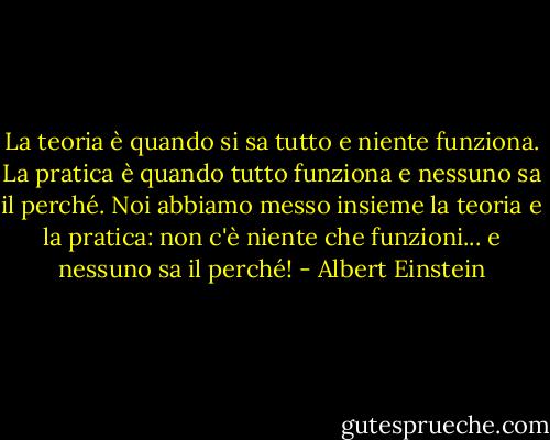 La teoria è quando si sa tutto e niente funziona. La pratica è quando tutto funziona e nessuno sa il perché. Noi abbiamo messo insieme la teoria e la pratica: non c'è niente che funzioni... e nessuno sa il perché! - Albert Einstein