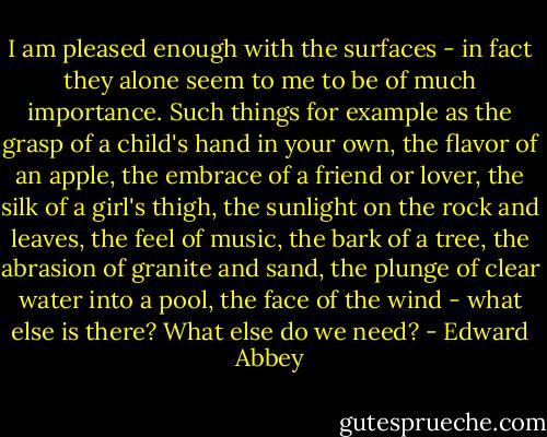 I am pleased enough with the surfaces - in fact they alone seem to me to be of much importance. Such things for example as the grasp of a child's hand in your own, the flavor of an apple, the embrace of a friend or lover, the silk of a girl's thigh, the sunlight on the rock and leaves, the feel of music, the bark of a tree, the abrasion of granite and sand, the plunge of clear water into a pool, the face of the wind - what else is there? What else do we need? - Edward Abbey