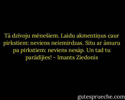 Tā dzīvoju mēnešiem. Laidu akmentiņus caur pirkstiem: neviens neiemirdzas. Situ ar āmuru pa pirkstiem: neviens nesāp. Un tad tu parādījies! - Imants Ziedonis