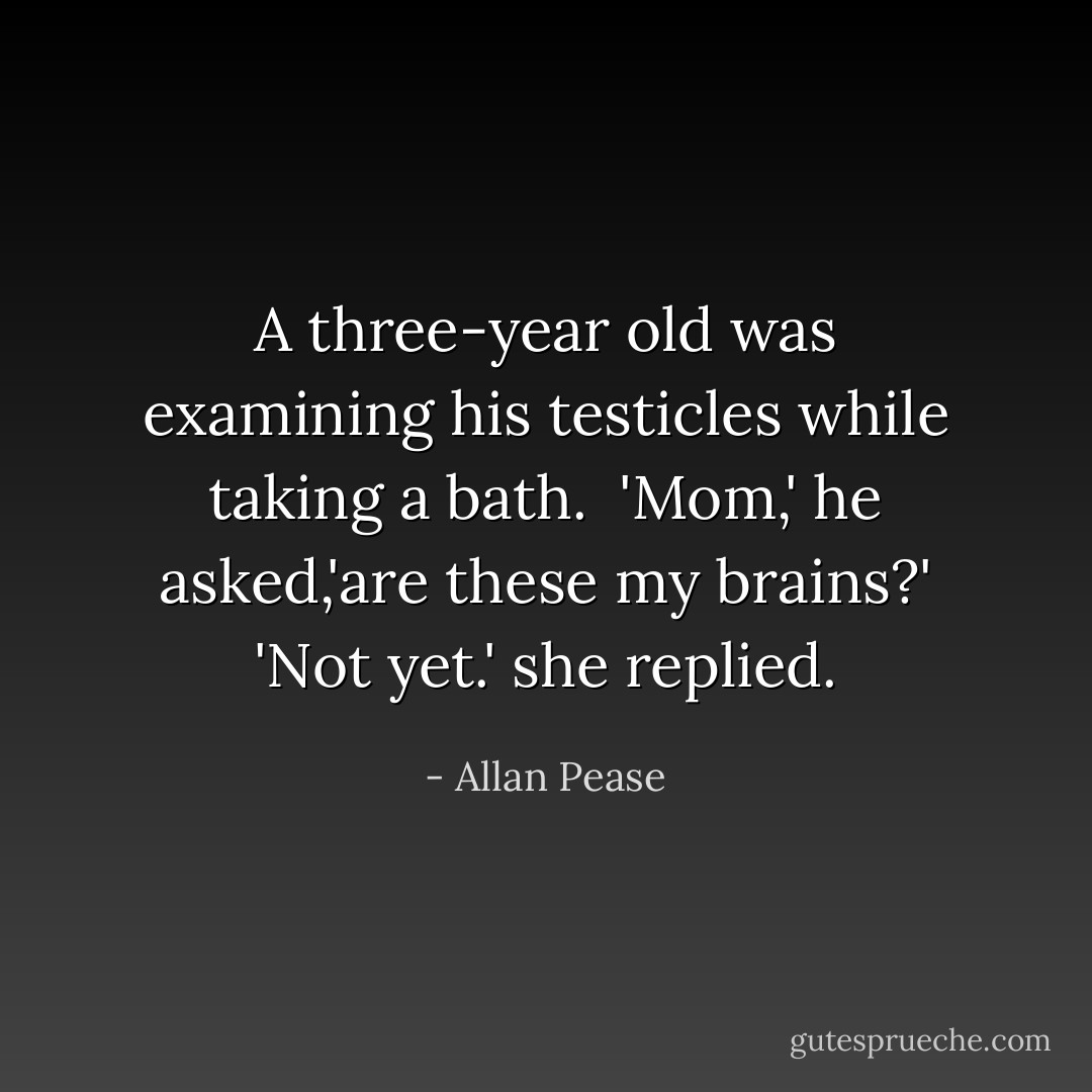 A three-year old was examining his testicles while taking a bath. <br />'Mom,' he asked,'are these my brains?'<br />'Not yet.' she replied. - Allan Pease