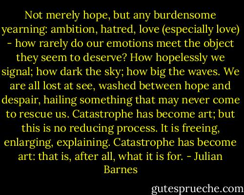 Not merely hope, but any burdensome yearning: ambition, hatred, love (especially love) - how rarely do our emotions meet the object they seem to deserve? How hopelessly we signal; how dark the sky; how big the waves. We are all lost at see, washed between hope and despair, hailing something that may never come to rescue us. Catastrophe has become art; but this is no reducing process. It is freeing, enlarging, explaining. Catastrophe has become art: that is, after all, what it is for. - Julian Barnes