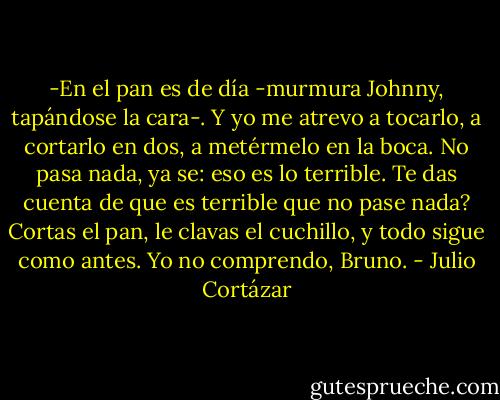 -En el pan es de día -murmura Johnny, tapándose la cara-. Y yo me atrevo a tocarlo, a cortarlo en dos, a metérmelo en la boca. No pasa nada, ya se: eso es lo terrible. Te das cuenta de que es terrible que no pase nada? Cortas el pan, le clavas el cuchillo, y todo sigue como antes. Yo no comprendo, Bruno. - Julio Cortázar