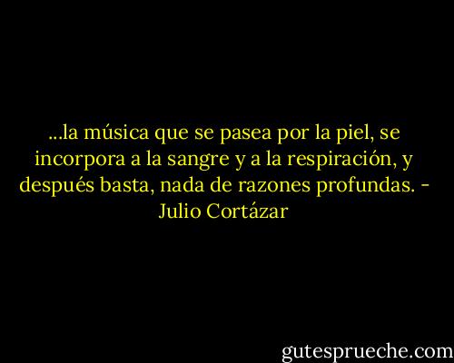 ...la música que se pasea por la piel, se incorpora a la sangre y a la respiración, y después basta, nada de razones profundas. - Julio Cortázar