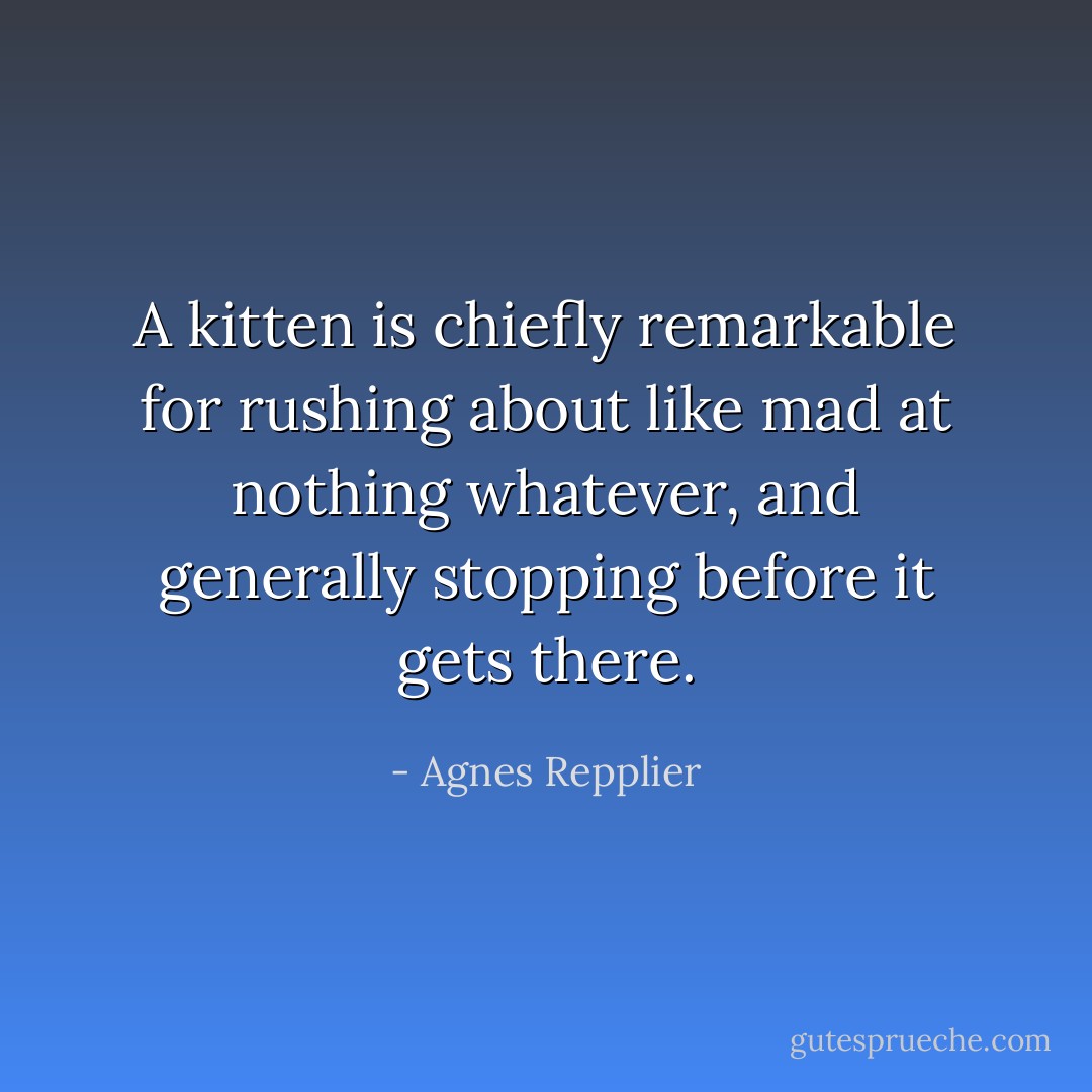 A kitten is chiefly remarkable for rushing about like mad at nothing whatever, and generally stopping before it gets there. - Agnes Repplier