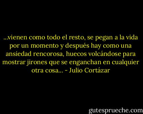 ...vienen como todo el resto, se pegan a la vida por un momento y después hay como una ansiedad rencorosa, huecos volcándose para mostrar jirones que se enganchan en cualquier otra cosa... - Julio Cortázar