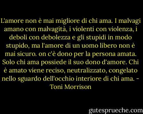 L'amore non è mai migliore di chi ama. I malvagi amano con malvagità, i violenti con violenza, i deboli con debolezza e gli stupidi in modo stupido, ma l'amore di un uomo libero non è mai sicuro. on c'è dono per la persona amata. Solo chi ama possiede il suo dono d'amore. Chi è amato viene reciso, neutralizzato, congelato nello sguardo dell'occhio interiore di chi ama. - Toni Morrison