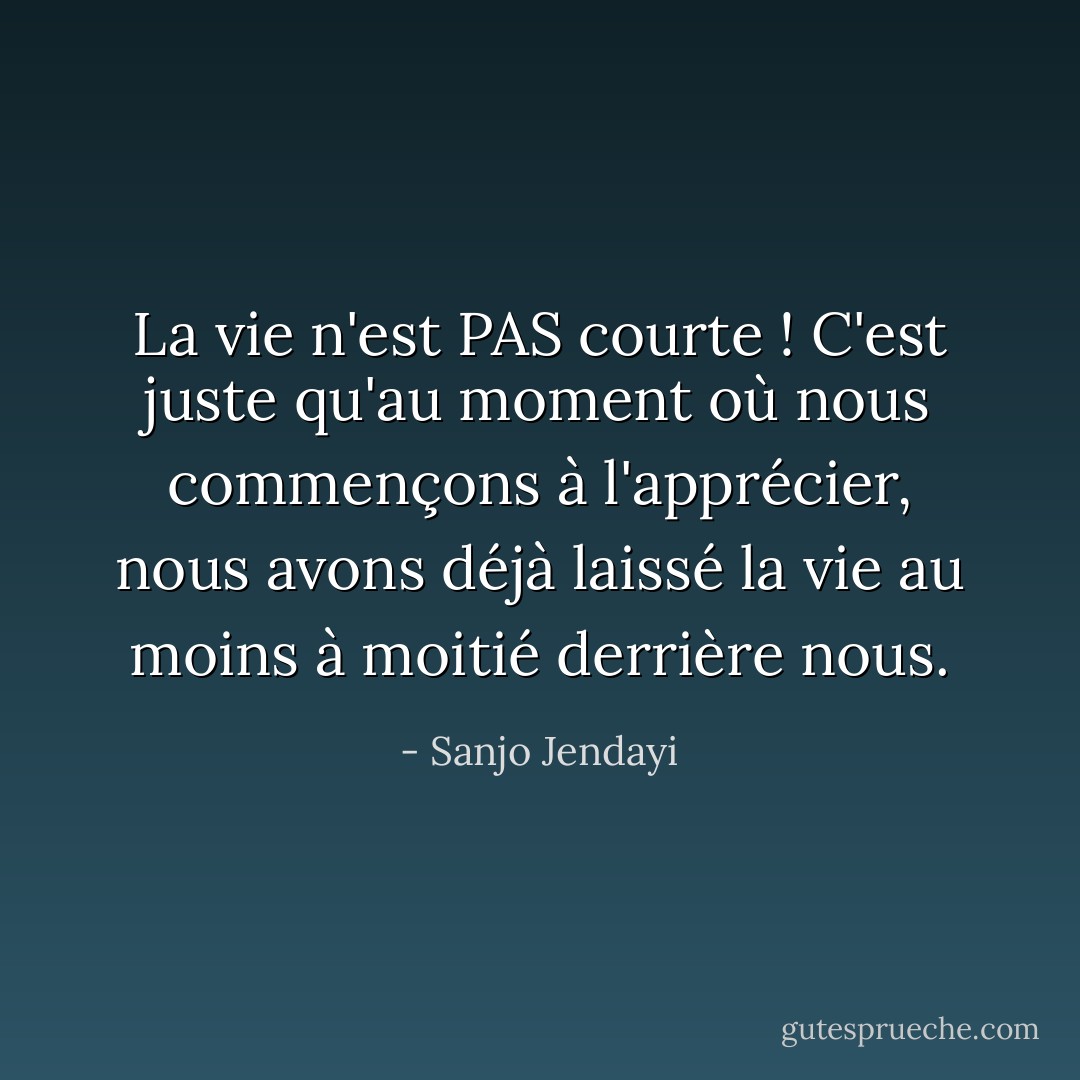 La vie n'est PAS courte ! C'est juste qu'au moment où nous commençons à l'apprécier, nous avons déjà laissé la vie au moins à moitié derrière nous. - Sanjo Jendayi