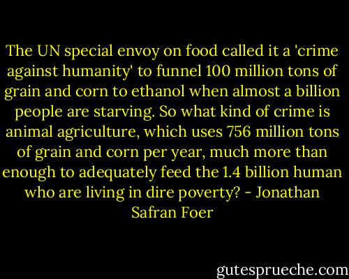 The UN special envoy on food called it a 'crime against humanity' to funnel 100 million tons of grain and corn to ethanol when almost a billion people are starving. So what kind of crime is animal agriculture, which uses 756 million tons of grain and corn per year, much more than enough to adequately feed the 1.4 billion human who are living in dire poverty? - Jonathan Safran Foer