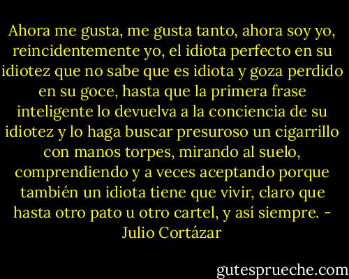 Ahora me gusta, me gusta tanto, ahora soy yo, reincidentemente yo, el idiota perfecto en su idiotez que no sabe que es idiota y goza perdido en su goce, hasta que la primera frase inteligente lo devuelva a la conciencia de su idiotez y lo haga buscar presuroso un cigarrillo con manos torpes, mirando al suelo, comprendiendo y a veces aceptando porque también un idiota tiene que vivir, claro que hasta otro pato u otro cartel, y así siempre. - Julio Cortázar